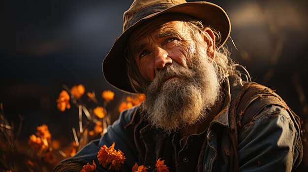 An elderly tired farmer stands against the backdrop of autumn fields Closeup Theme of old age and harvest