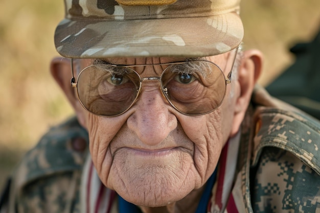 Фото Пожилой ветеран с решимостью в глазах.
