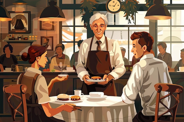 Foto un vecchio cameriere serve una coppia in un ristorante