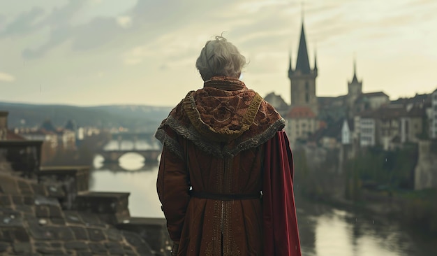 Elderly white woman overlooking a scenic river and historic cityscape