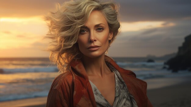 elderly woman against the backdrop of the sea at sunset