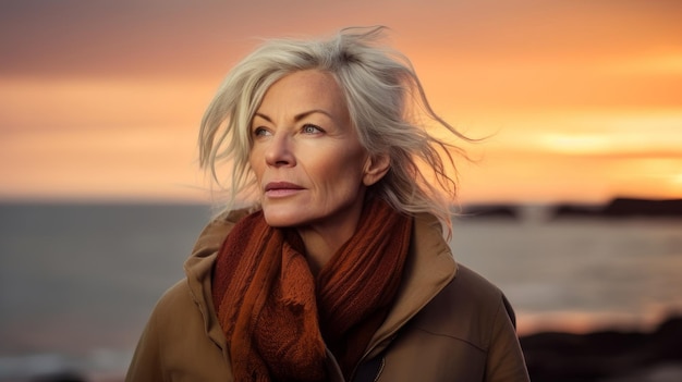 elderly woman against the backdrop of the sea at sunset