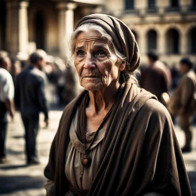 Elderly woman in an ancient rome square