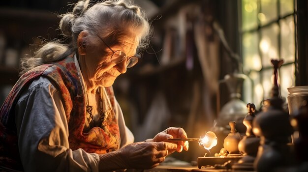 Foto donna anziana che frequenta un laboratorio di soffiatura del vetro in uno studio artigianale