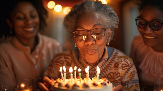 Elderly woman blowing out birthday candles on cake at event