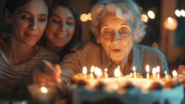 An elderly woman blowing out candles on a birthday cake surrounded by her loving family