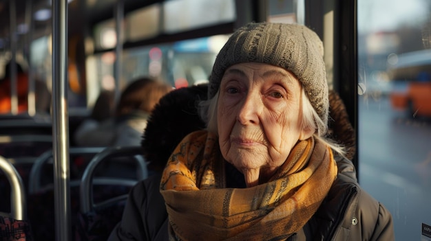 Elderly woman on a bus journey gazes thoughtfully her face telling stories of life lived