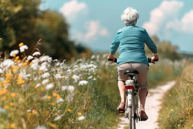 野生の花の中を自転車で歩く年配の女性