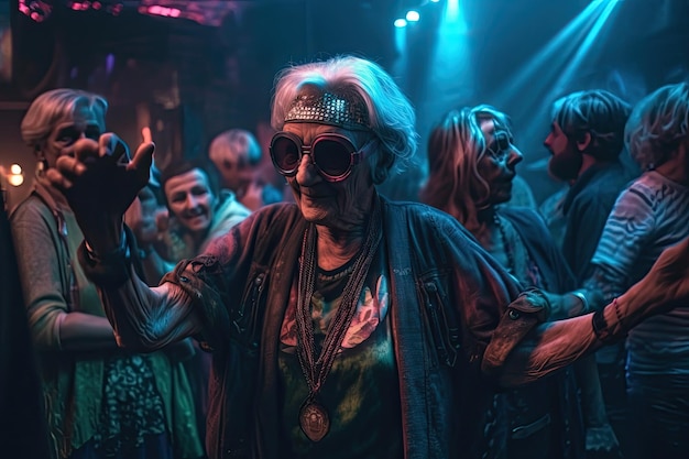 A elderly woman dances at a cyberpunk party defying age and embracing the futuristic vibe Generative AI