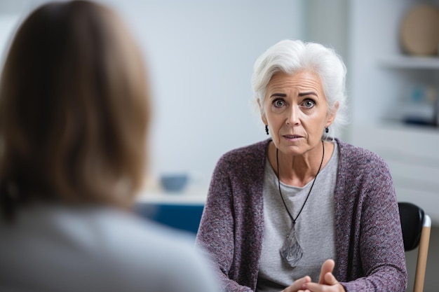 Elderly Woman Discussing Problems with Psychotherapist in Office