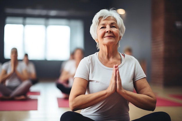 Foto donna anziana che fa yoga in un fitness club foto orizzontale