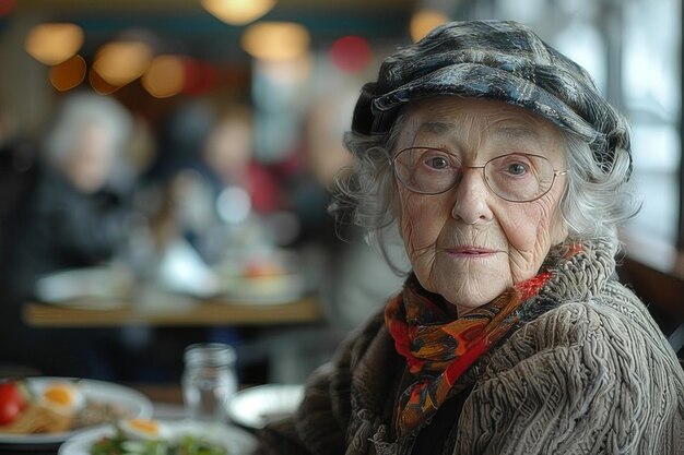 テーブルで食べている年配の女性