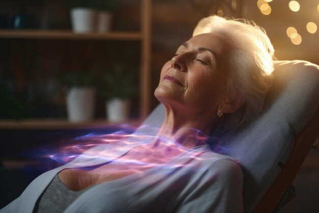 Фото Пожилая женщина пользуется чакра-лечебной терапией