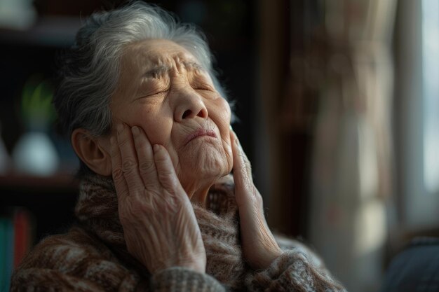 Photo elderly woman experiencing health issues at home