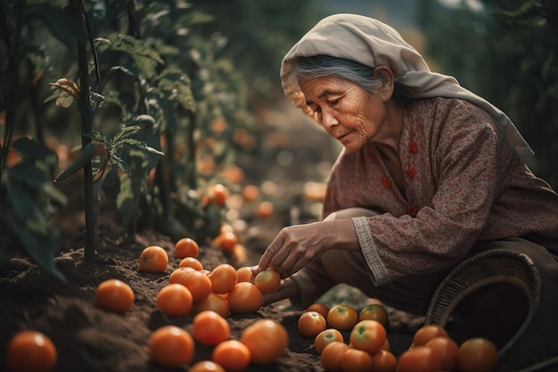 Elderly woman farming picks tomatoes from her sustainable garden Ai generated