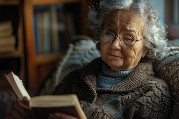 Elderly woman finds escape in book through glasses