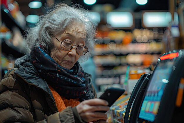 An elderly woman in front of the payment terminal in the store