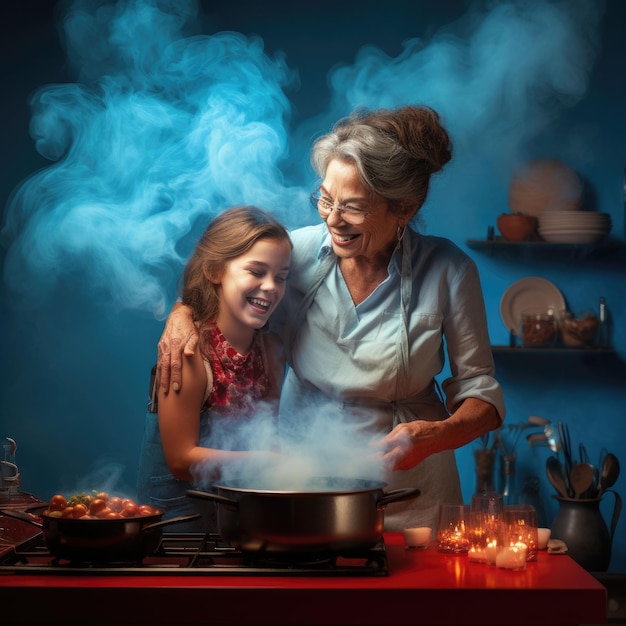 Elderly Woman and Girl Preparing Food Together