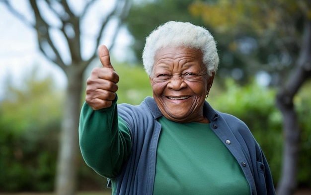 An elderly woman gives a thumbs up sign with her hand up.