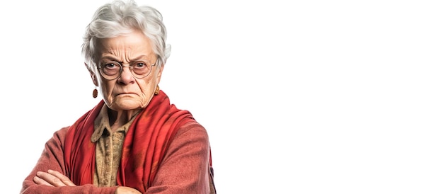 Elderly woman grandmother screams in angry anger aggressively disappointed white background isolate