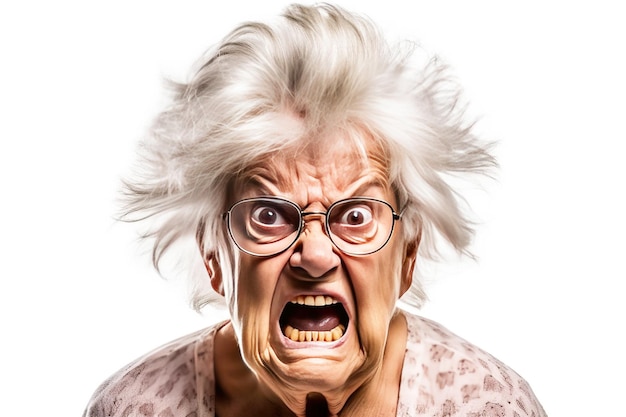 Elderly woman grandmother screams in angry anger aggressively disappointed white background isolate