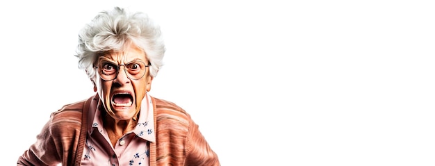 Elderly woman grandmother screams in angry anger aggressively disappointed white background isolate