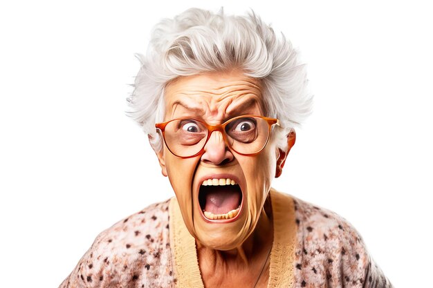 Photo elderly woman grandmother screams in angry anger aggressively disappointed white background isolate