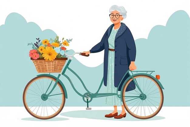 バイクとバスケットの横に立っている年配の女性またはおばあちゃん白い背景に孤立した老いた幸せな自転車乗り平らな女性漫画キャラクター