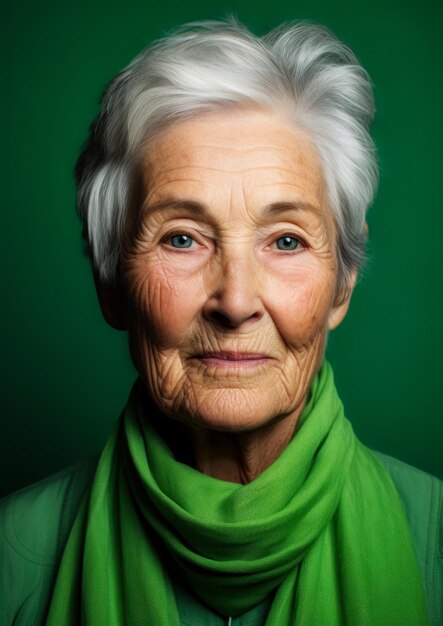 Elderly woman in green clothes on a conceptual green background for frame