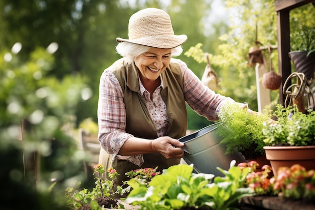 An elderly woman happily gardening and tending to her plants