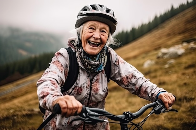 An elderly woman happily rides a mountain bike in the mountains enjoying an active and joyful old age Generative AI