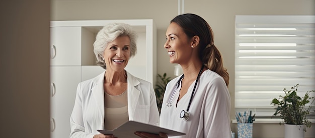 Photo elderly woman happy consulting doctor nurse showing test results