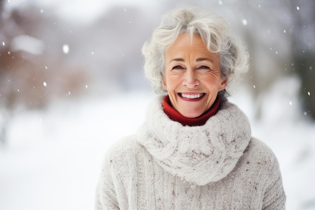 Elderly woman happy in winter snow with copyspace