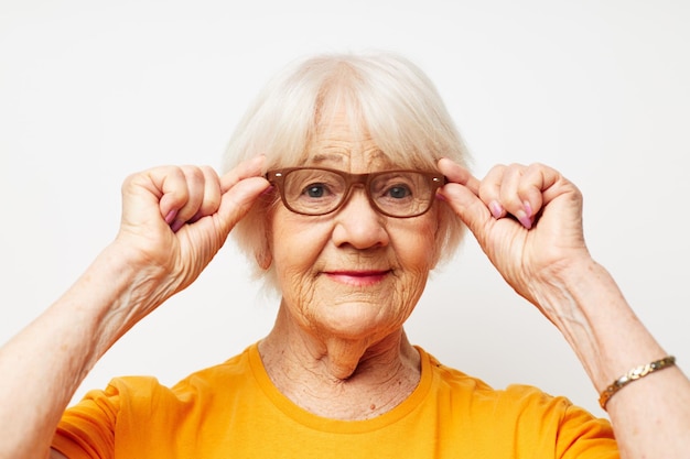 Elderly woman health lifestyle eyeglasses treatment closeup