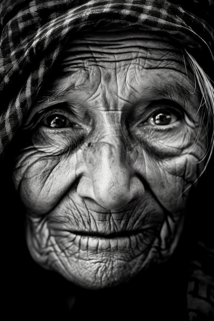 An elderly woman her face etched with lines of wisdom and experience
