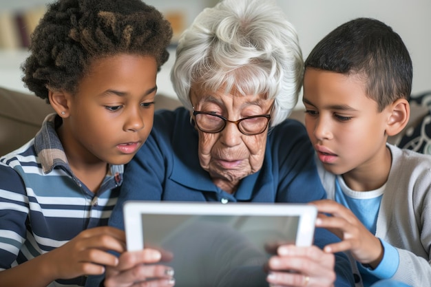 Пожилая женщина и ее двое маленьких внуков сосредоточены на экране планшета