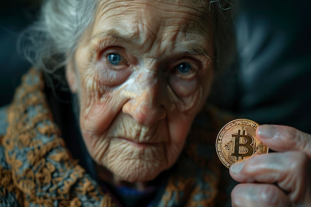 写真 ビットコインを握る年配の女性
