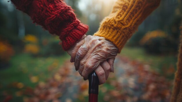 Foto donna anziana che tiene la canna con la mano giovane che aiuta nel parco d'autunno