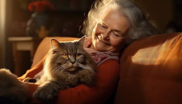 Elderly woman holding a cute cat while sitting on cozy sofa