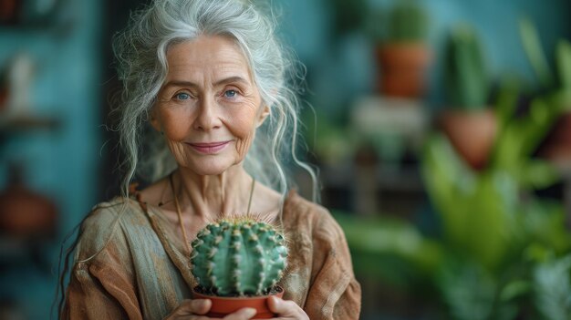 An elderly woman holds a flower pot with a green cactus Environmental protection and activism Gardening and planting plants at home