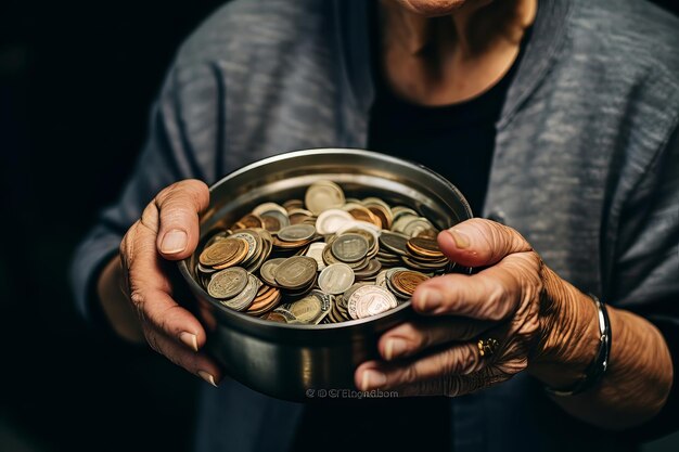 An elderly woman holds out money pennies Senior woman