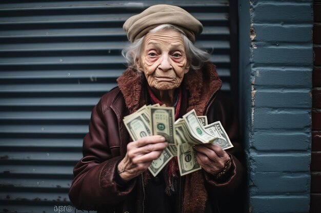 An elderly woman holds out money pennies Senior woman