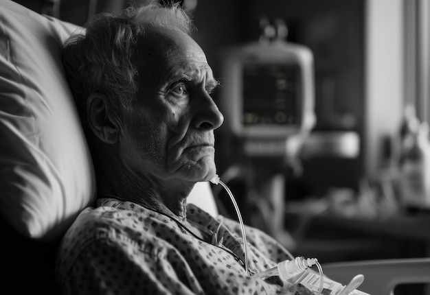 Photo elderly woman in hospital bed with drip tube