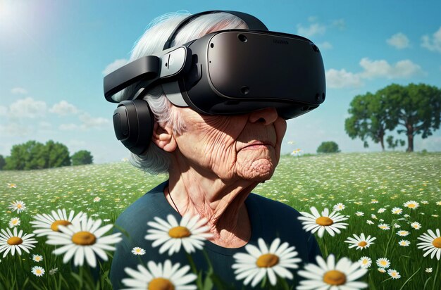 Фото Пожилая женщина в очках виртуальной реальности на фоне поля с ромашками портрет пенсионерки в очках виртуальной реальности концепция искусственной реальности