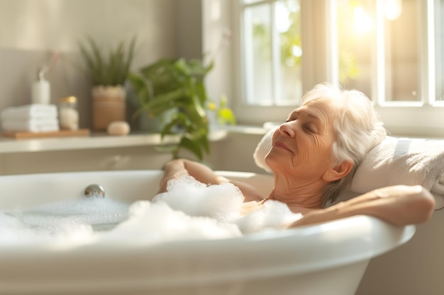 elderly woman is enjoying her time soaking in a bathtub filled with foamy water With her eyes closed
