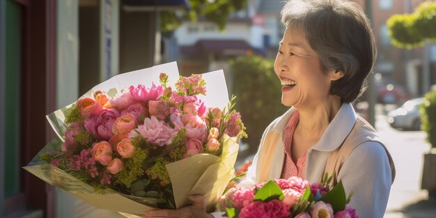 한 노인 여성 은 아름다운 꽃 꽃부레 를 들고 미소 짓고 있다