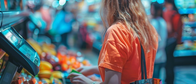 Photo an elderly woman is at the grocery checkout with a credit card shopping and retail concept