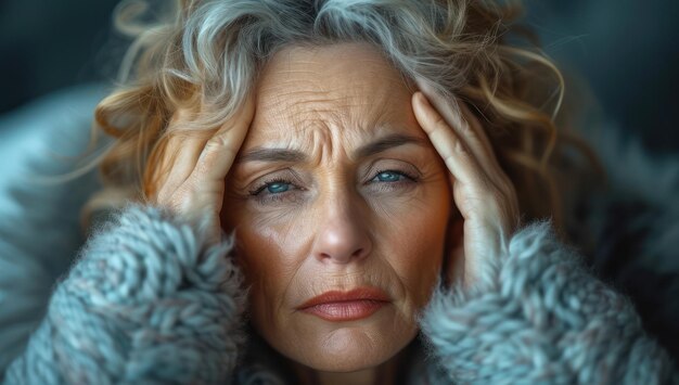 Elderly Woman is Having Headaches and Holding Her Head Pain extreme closeup Generative AI