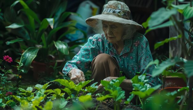 Foto una donna anziana è in ginocchio in un giardino che si prende cura di una pianta