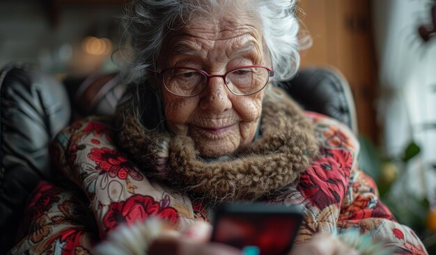 Elderly woman is looking at her smartphone